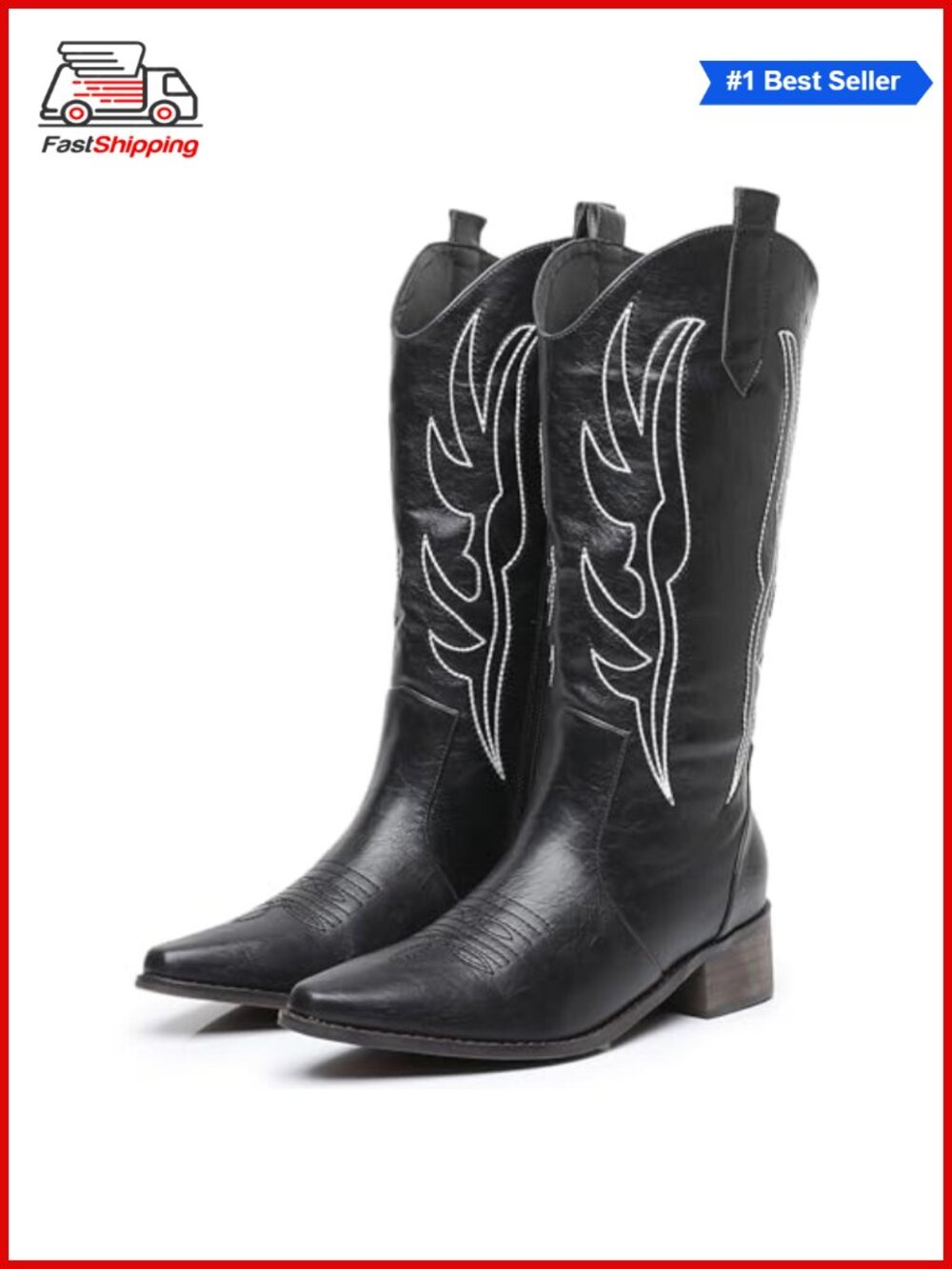 ✨ Mid-Calf Cowboy Boots Faux Leather Chunky Heel Embroidery Country Western